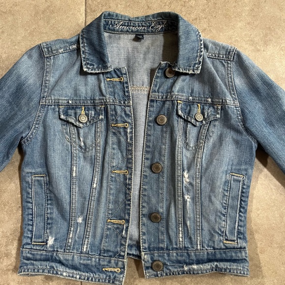 American Eagle Denim Jeans Jacket Blue Cropped Distressed XS - Picture 5 of 10